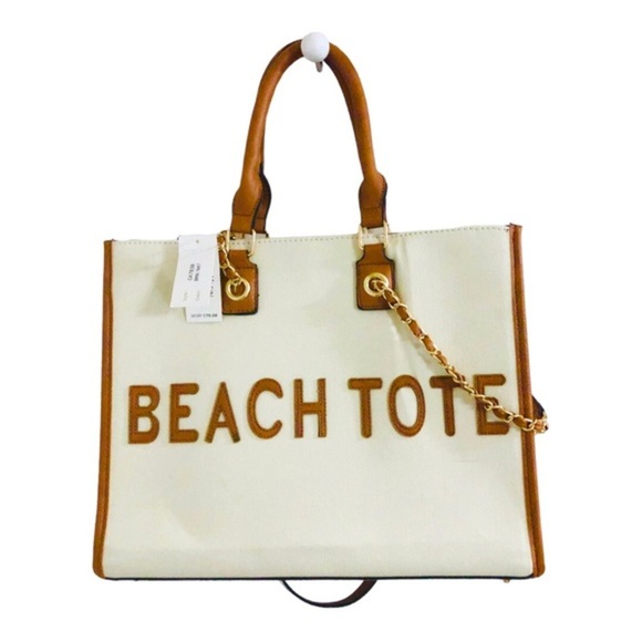 Cee Klein canvas brown trim gold chain strap crossbody ‘beach tote’ tote bag‎ - Picture 1 of 16